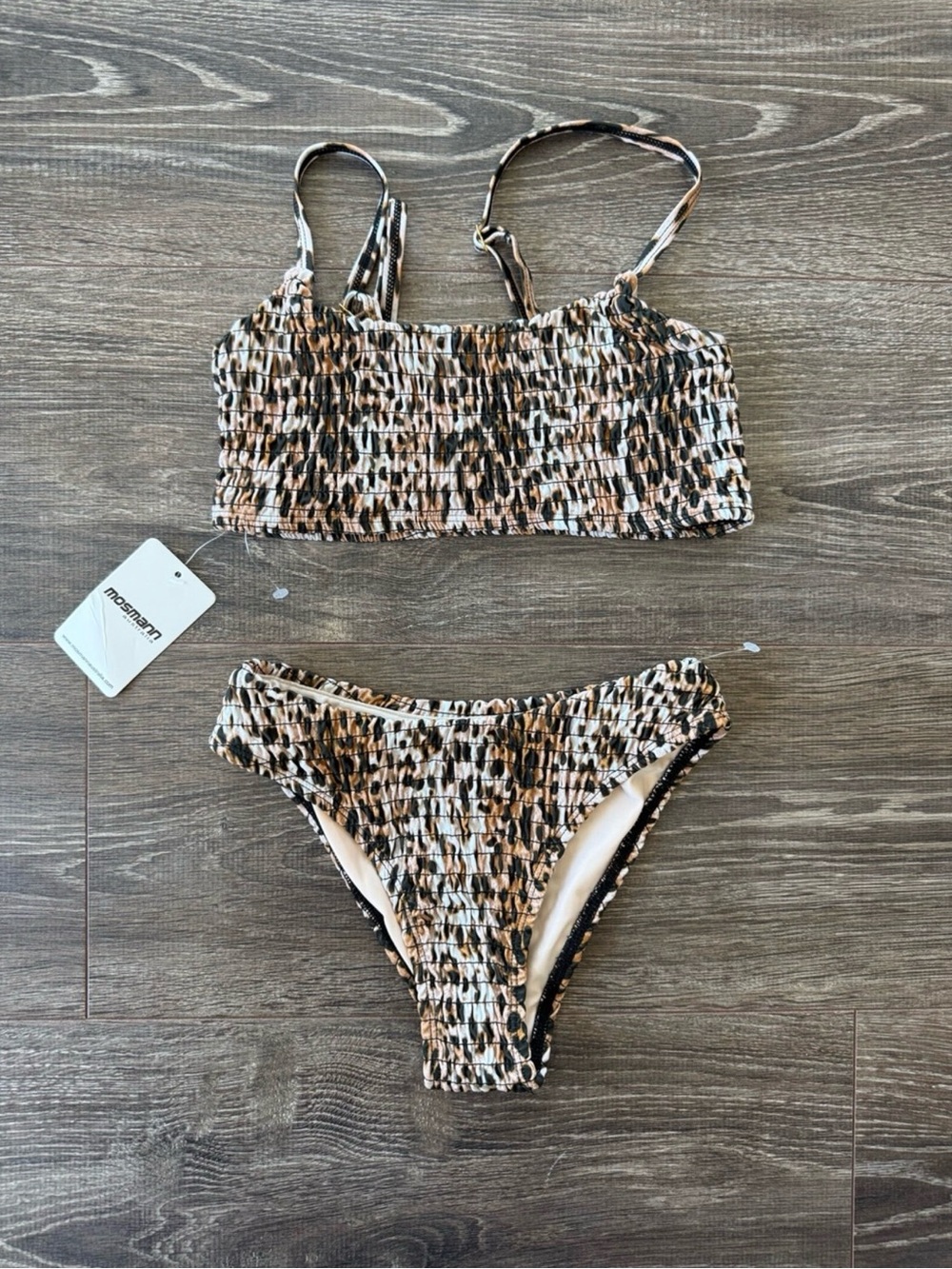 Smocked Leopard-Print Bikini Top & Bottom Set in Beige and Black